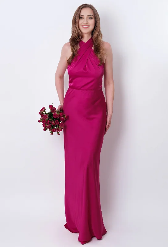 Unbeatable Prices Fuschia Silk Satin Long Halter Open Back Bridesmaid Dress Wedding Guest Dress Evening Dress