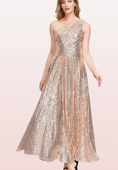 Quick Sale Vintage One-shoulder A Line Sleeveless Ankle-length Sequins Bridesmaid Dress With Ruching