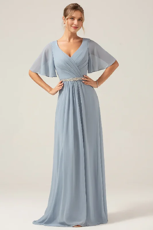 Deal Zone Grey blue A-line V-neck chiffon short sleeved and floor length bridesmaid dress Deal Zone Grey blue A-line V-neck chiffon short sleeved and floor length bridesmaid dress