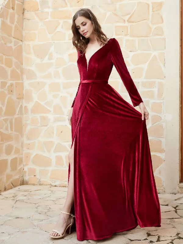 Online Only Long Sleeves Plunging V-Neck Velvet Dress Floor-length Bridesmaid Dresses With Slit Burgundy