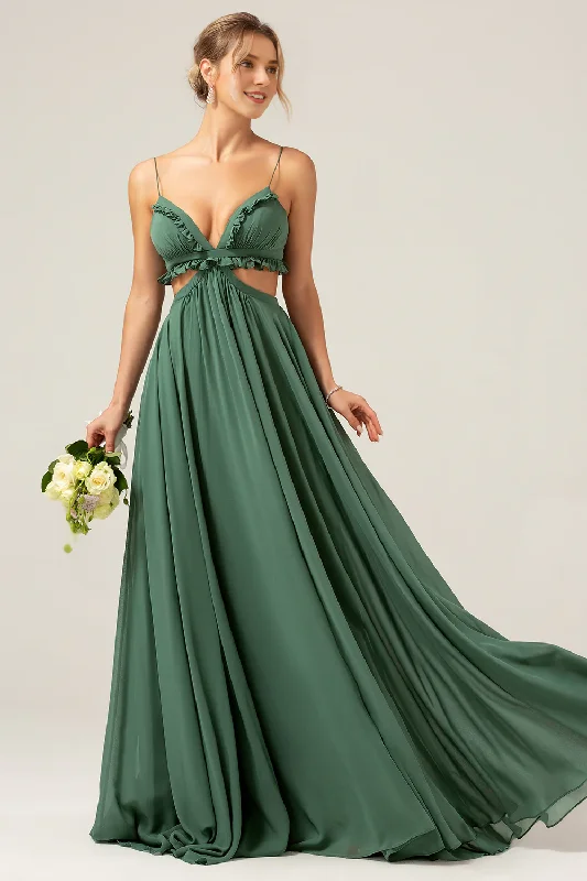 Special Price A-line thin shoulder strap backless chiffon eucalyptus long bridesmaid dress