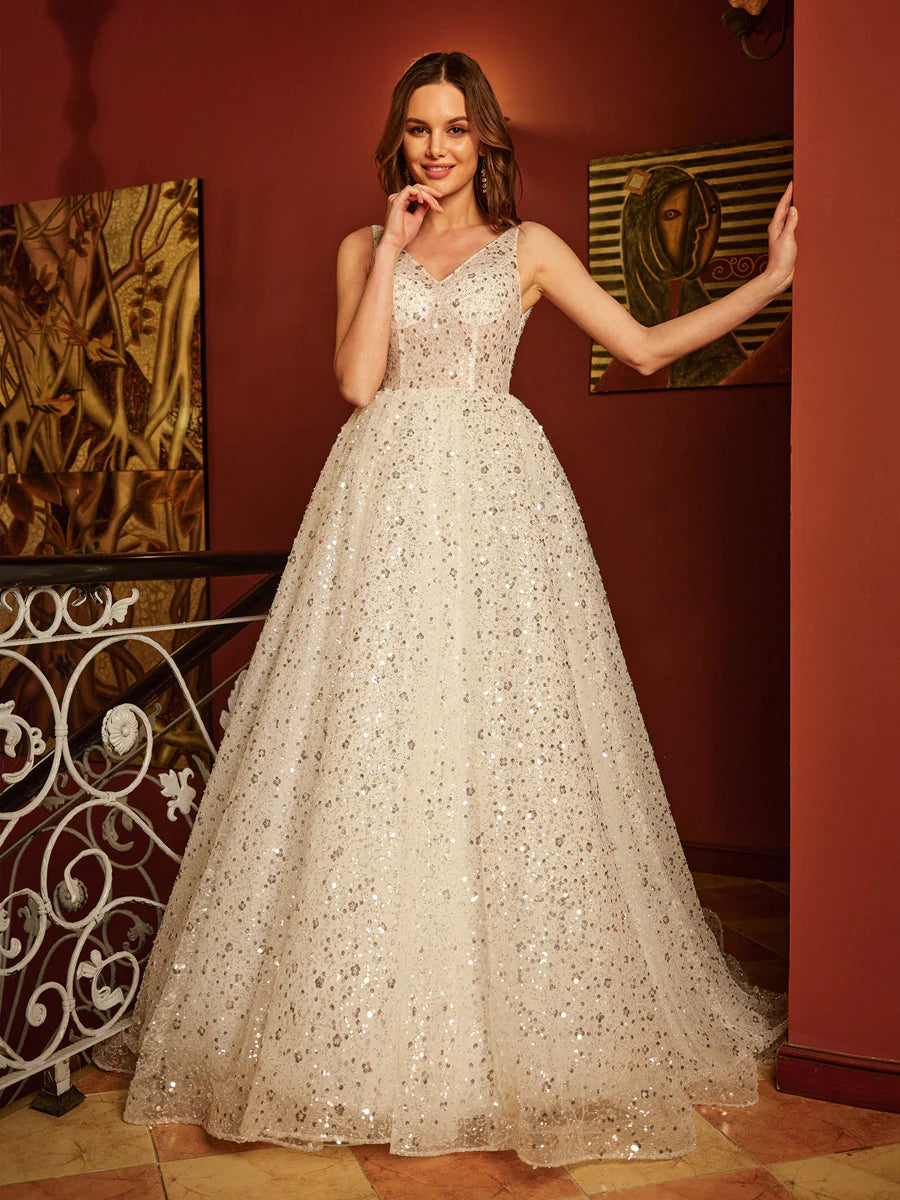 Super Sale A-Line/Princess V-Neck Sleeveless Backless Long Prom Dresses