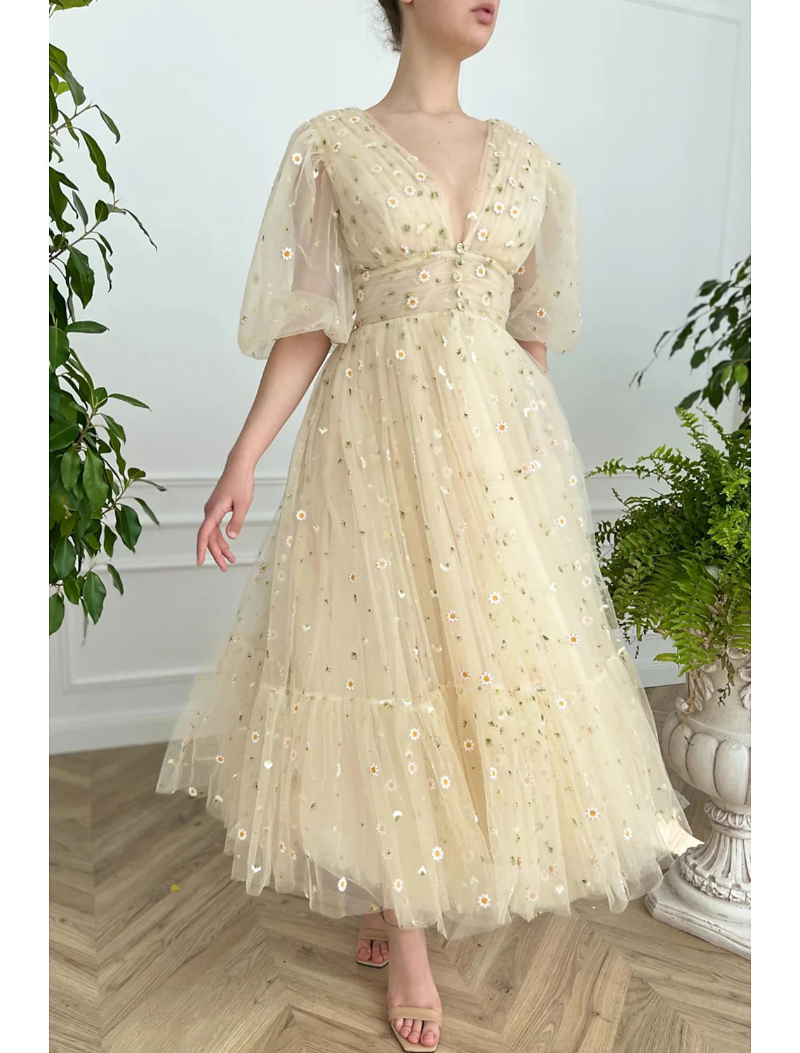 Deal Alert A-Line Prom Dresses Floral Dress Formal Wedding Guest Ankle Length Half Sleeve V Neck Lace V Back with Pleats Ruched Deal Alert A-Line Prom Dresses Floral Dress Formal Wedding Guest Ankle Length Half Sleeve V Neck Lace V Back with Pleats Ruched