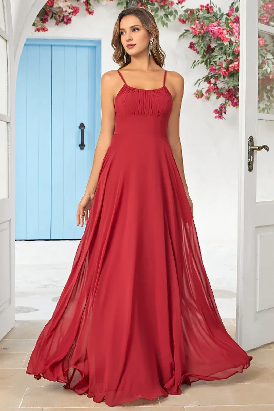 Mega Sale Wine red A-line thin shoulder chiffon long bridesmaid dress