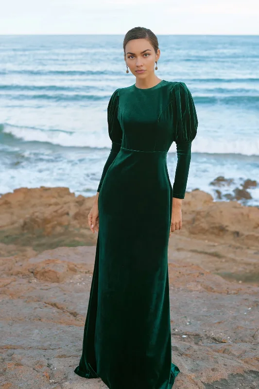 Super Sale Open Back Dark Green Winter Velvet Dress For Women Maxi Dress Wedding Guest Dress Bridesmaid Dress