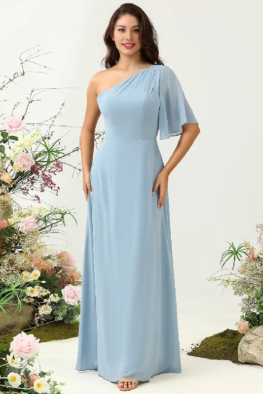 Super Deal One Shoulder Chiffon Boho Bridesmaid Dress