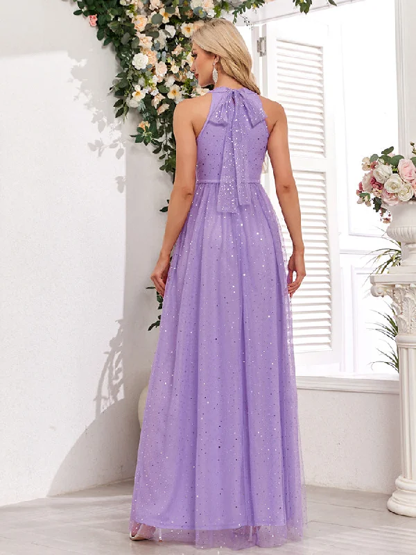 Price Meltdown Demure Sparkling Halter Neck Sleeveless Empire Waist A-Line Maxi Bridesmaid/Prom/Evening Dress with Bow Price Meltdown Demure Sparkling Halter Neck Sleeveless Empire Waist A-Line Maxi Bridesmaid/Prom/Evening Dress with Bow