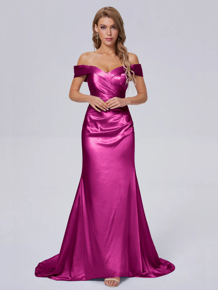 Savings Event Off the Shoulder Hourglass Soft Satin Bridesmaid Dresses Sweep/Brush Train Dresses