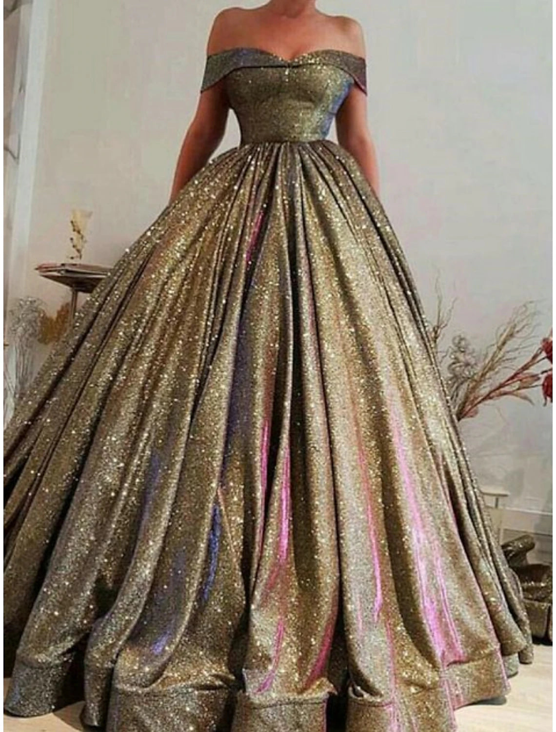 Super Sale A-Line Prom Dresses Sparkle & Shine Dress Black Tie Gala Court Train Short Sleeve Off Shoulder Sequined with Glitter Pleats
