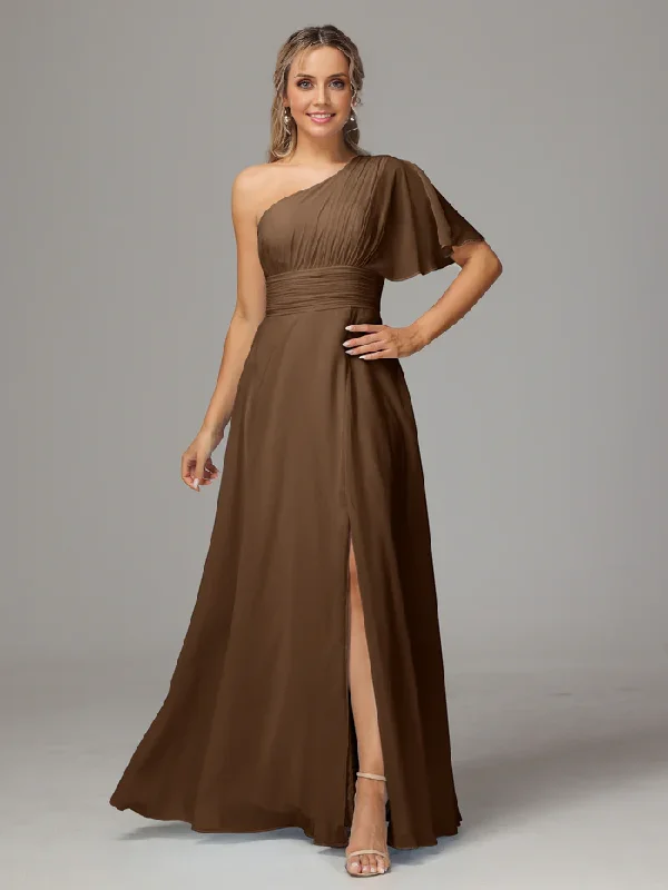 Super Sale One Shoulder Chiffon Floor-length Bridesmaid Dresses With Slit