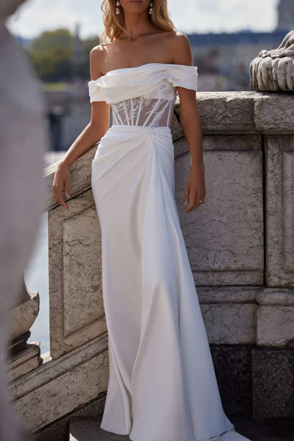 Special Savings Strapless satin pleated short sleeved Bohemian mermaid wedding dress