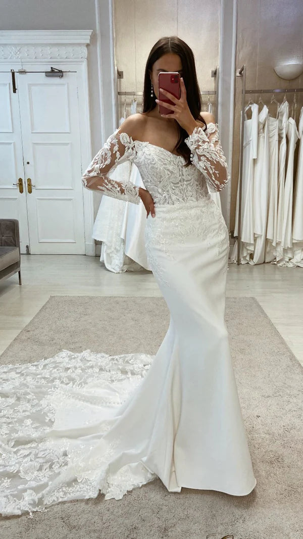 Shop and Save Off the shoulder long sleeved empire decal trailing bohemian horn wedding dress Shop and Save Off the shoulder long sleeved empire decal trailing bohemian horn wedding dress