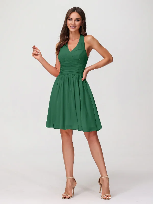 Best Bargains Halter V Neck Short Chiffon Bridesmaid Dresses-Dark Green Knee-length Dress Best Bargains Halter V Neck Short Chiffon Bridesmaid Dresses-Dark Green Knee-length Dress