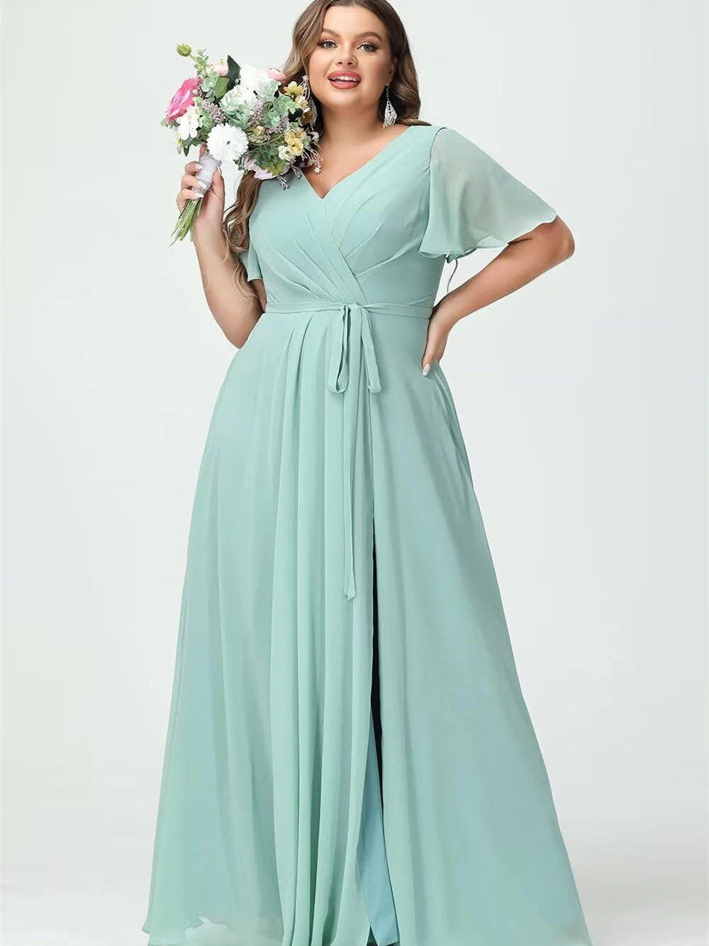 Final Clearance A Line Chiffon V-Neck Short Sleeves Floor-Length Bridesmaid Dresses With Slit