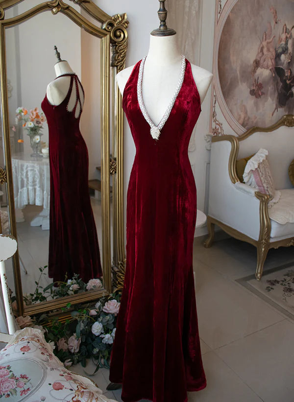 Instant Discount Wine Red Velvet Deep V-Neck Mermaid Beaded Long Party Dress Prom Dress