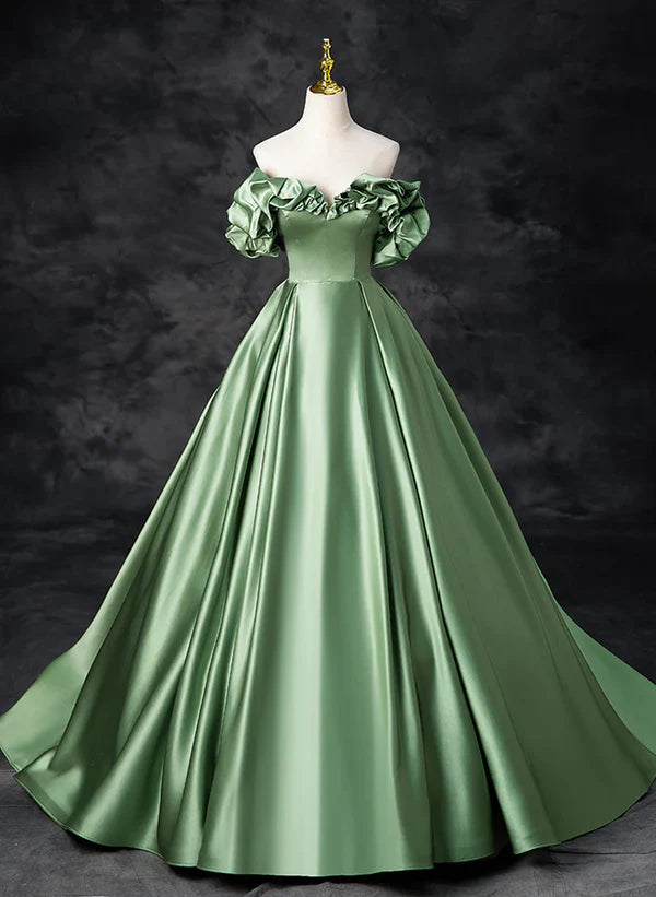Markdown Madness Green Satin Off Shoulder Long Party Dress A-line Green Prom Dress Quinceanera Dress