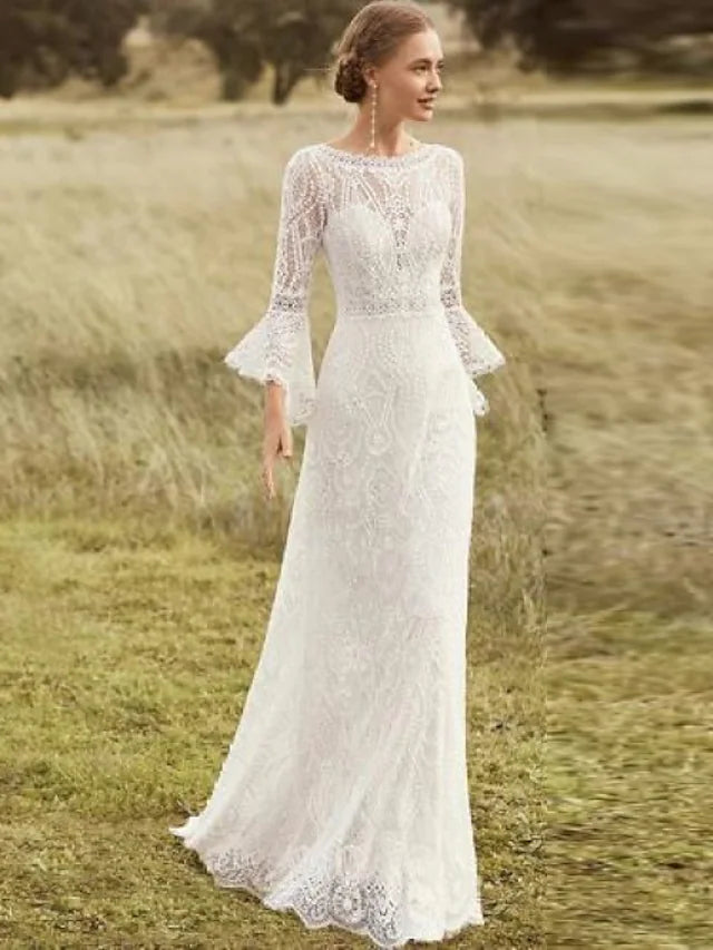 Fantastic Offers Beach Boho Wedding Dresses Court Train A-Line Long Sleeve Jewel Neck Lace With Lace Fantastic Offers Beach Boho Wedding Dresses Court Train A-Line Long Sleeve Jewel Neck Lace With Lace