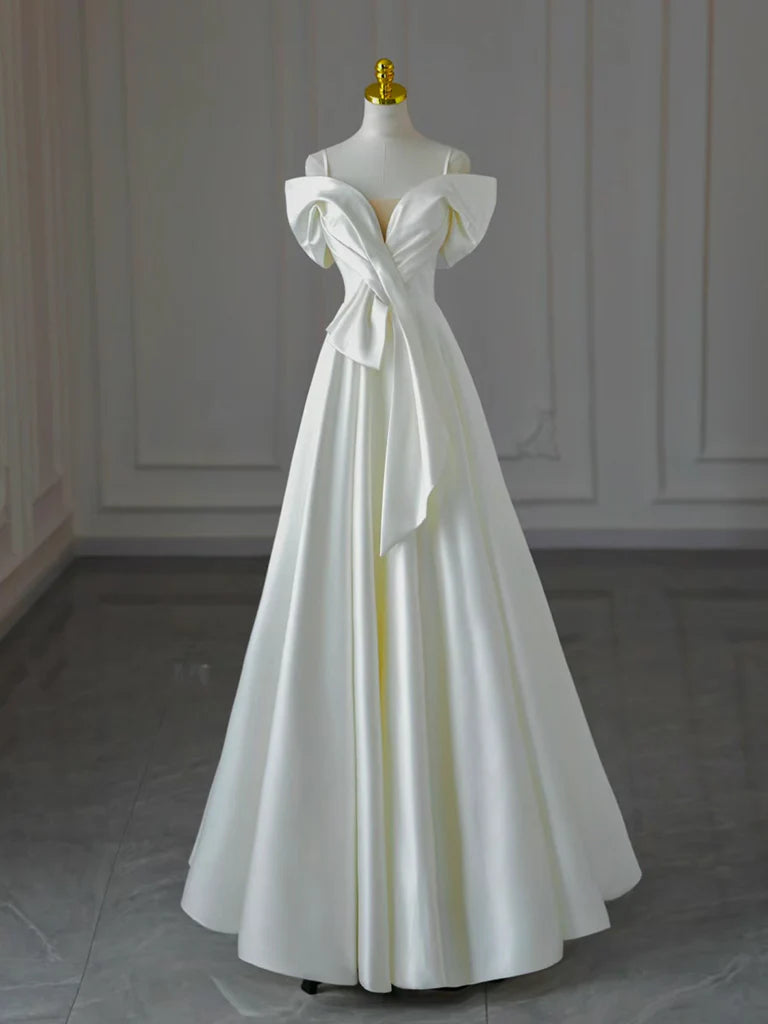 Stock Clearance A-Line Off Shoulder Satin White Long Prom Dress Formal Dress