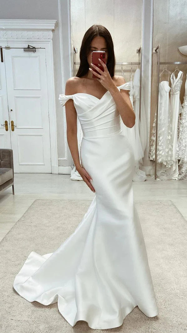 Special Discount Unique satin flared off shoulder pleated train beach wedding dress Special Discount Unique satin flared off shoulder pleated train beach wedding dress