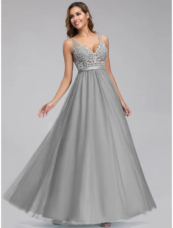 Steals and Deals A-Line Empire Holiday Prom Dress V Neck V Back Sleeveless Floor Length Chiffon with Appliques