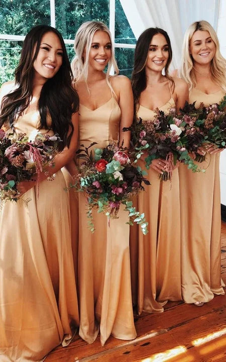 Buy More, Save More Spaghetti Floor-length Sheath Satin Bridesmaid Dress