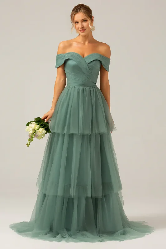 Big Discounts Grey green A-line off shoulder pleated layered long bridesmaid dress