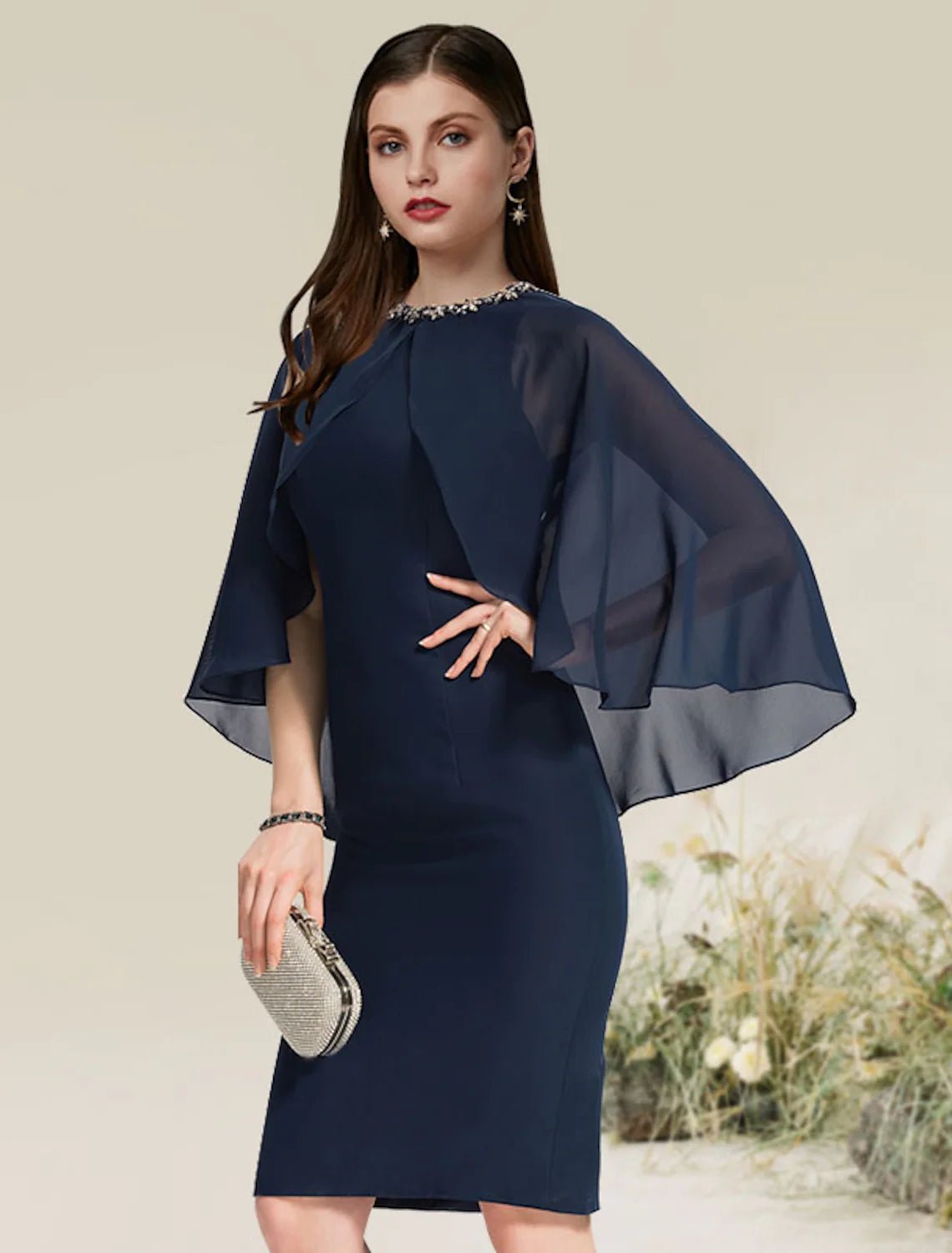 Quick Sale Sheath / Column Cocktail Dresses Little Black Dress Dress Party Wear Knee Length Half Sleeve Jewel Neck Chiffon with Beading Quick Sale Sheath / Column Cocktail Dresses Little Black Dress Dress Party Wear Knee Length Half Sleeve Jewel Neck Chiffon with Beading