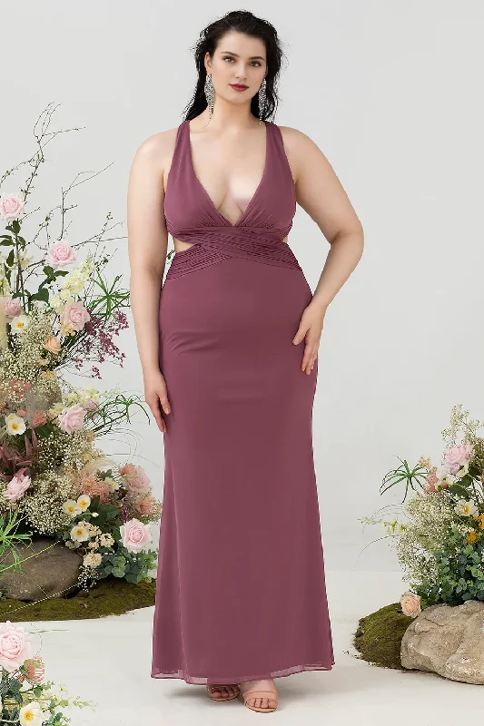 Instant Discount Desert Rose V-neck hollowed out oversized chiffon bridesmaid dress