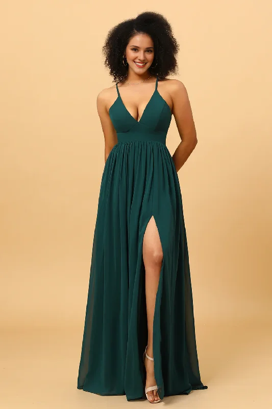 Markdown Madness Pine A Line back lace chiffon slit bridesmaid dress