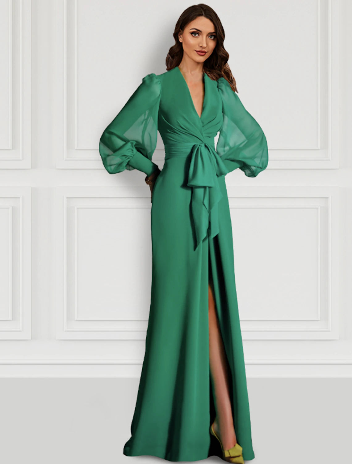 Deal Dash Sheath Evening Gown Sage Mother Elegant Dress Formal Sweep / Brush Train Long Sleeve V Neck Chiffon with Slit Strappy