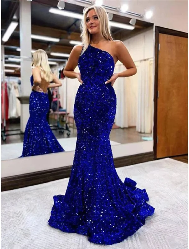 New Deals Mermaid / Trumpet Prom Dresses Sparkle & Shine Dress Formal Prom Floor Length Sleeveless One Shoulder Sequined Backless with Sequin