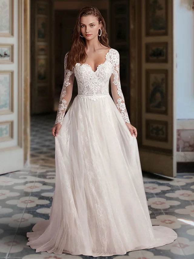 Factory Direct Sale Engagement Formal Wedding Dresses Court A-Line Long Sleeve V Neck Lace With Appliques Factory Direct Sale Engagement Formal Wedding Dresses Court A-Line Long Sleeve V Neck Lace With Appliques