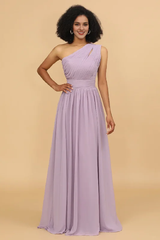 Price Smash Light purple A-line shoulder long chiffon ruffled bridesmaid dress