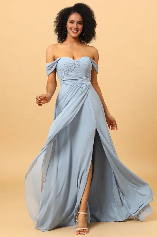 Savings Spectacular Grey blue A Line slit off shoulder chiffon bridesmaid dress
