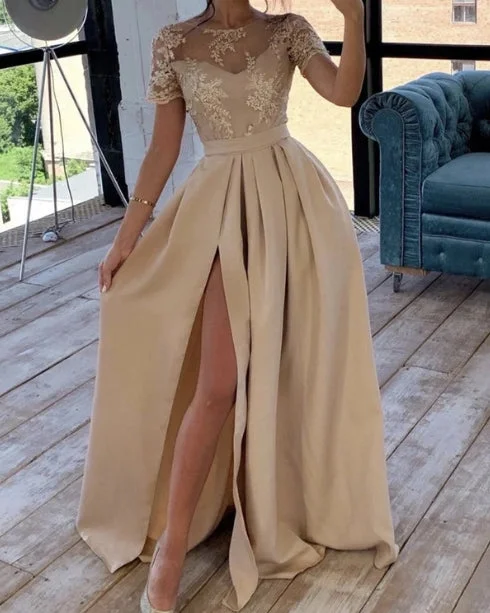 Massive Deals Long Sleeves Champagne Bridesmaid Dresses Satin A-Line Evening Dresses With Slit Massive Deals Long Sleeves Champagne Bridesmaid Dresses Satin A-Line Evening Dresses With Slit