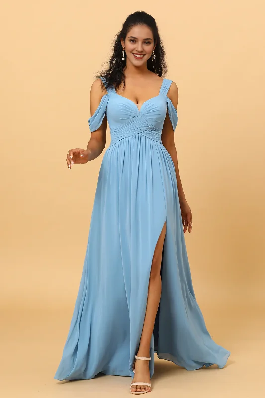 Must-Have Deals Steel blue A-line V-neck off shoulder chiffon bridesmaid dress
