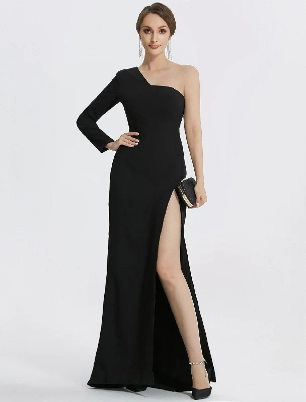 Buy More, Save More Mermaid Evening Gown Elegant Black Dress Wedding Guest Prom Floor Length Long Sleeve One Shoulder Stretch Fabric with Slit