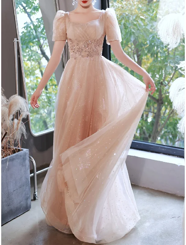Buy Now A-Line Prom Dresses Sparkle & Shine Dress Engagement Prom Floor Length Short Sleeve Scoop Neck Satin with Ruched Pearls Appliques