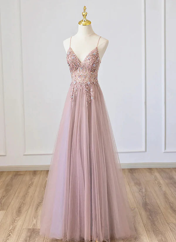 Must-Have Deals Pink V-neckline Beaded Spaghetti Strap Floor Length Party Dress Long Formal Dress