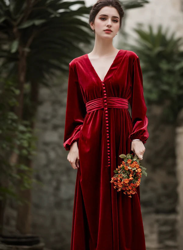 Anniversary Sale Vintage Long puffed sleeves V-neck Velvet Dress