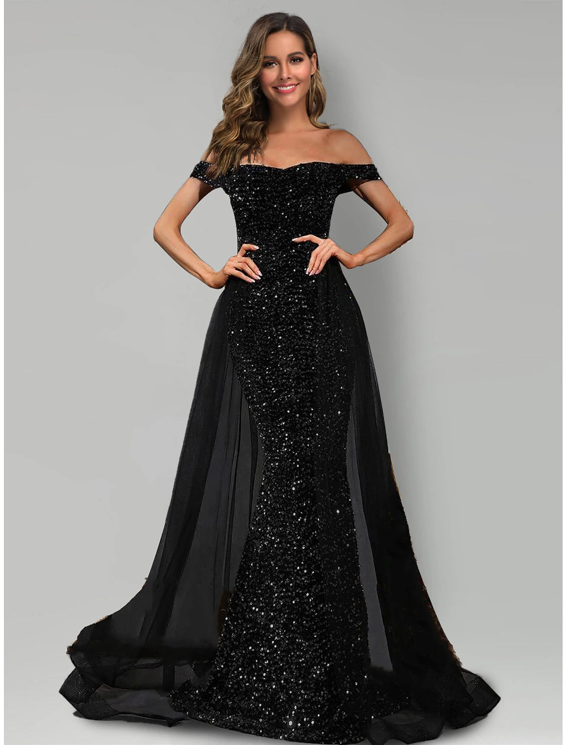 Buy More, Save More Mermaid / Trumpet Evening Gown Sparkle & Shine Dress Formal Black Tie Sweep / Brush Train Sleeveless Off Shoulder Tulle with Sequin Buy More, Save More Mermaid / Trumpet Evening Gown Sparkle & Shine Dress Formal Black Tie Sweep / Brush Train Sleeveless Off Shoulder Tulle with Sequin