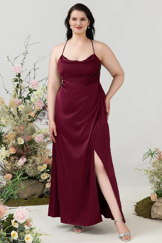 Today’s Special Wine red A-line hanging neck satin plus slit bridesmaid dress