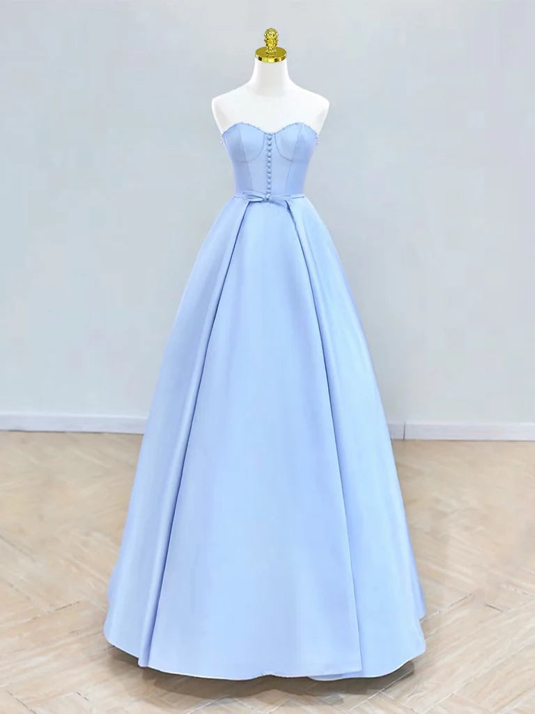 Shop and Save A-Line Sweetheart Neck Satin Blue Ball Gown Long Prom Dress Formal Dress