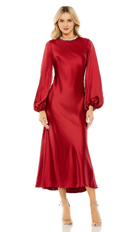 Deep Discounts High neck long sleeved wine red tea long prom dress