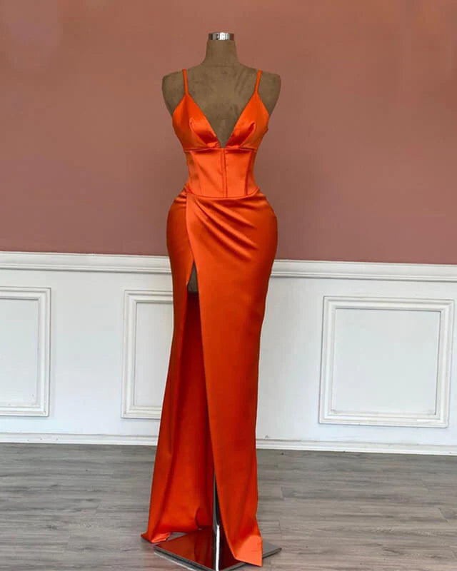 Savings Alert Mermaid V-neck Spaghetti Straps Satin Dress Prom Dresses With Slit