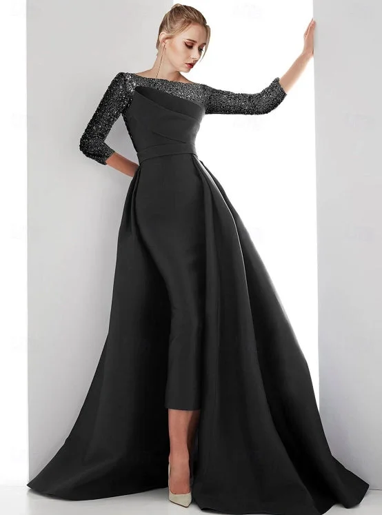 Huge Savings Sheath / Column Evening Gown Sweep / Brush Train Long Sleeve Illusion Neck Champagne Mother Of the Bride Dress Satin with Pearls Huge Savings Sheath / Column Evening Gown Sweep / Brush Train Long Sleeve Illusion Neck Champagne Mother Of the Bride Dress Satin with Pearls