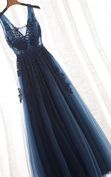 Don't Miss Dark Navy Empire Sleeveless Pleated A-line Floor-length Tulle Prom | Bridesmaid Dress Don't Miss Dark Navy Empire Sleeveless Pleated A-line Floor-length Tulle Prom | Bridesmaid Dress
