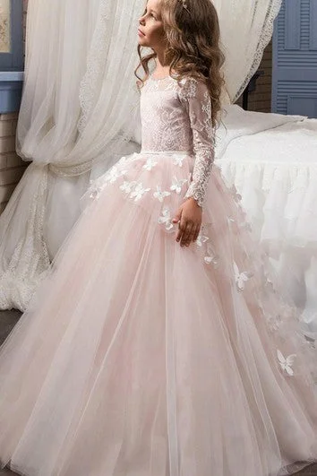 Doorbuster Deal Tulle Bateau Long Sleeves Ball Gown Flower Girl Dress with Applique