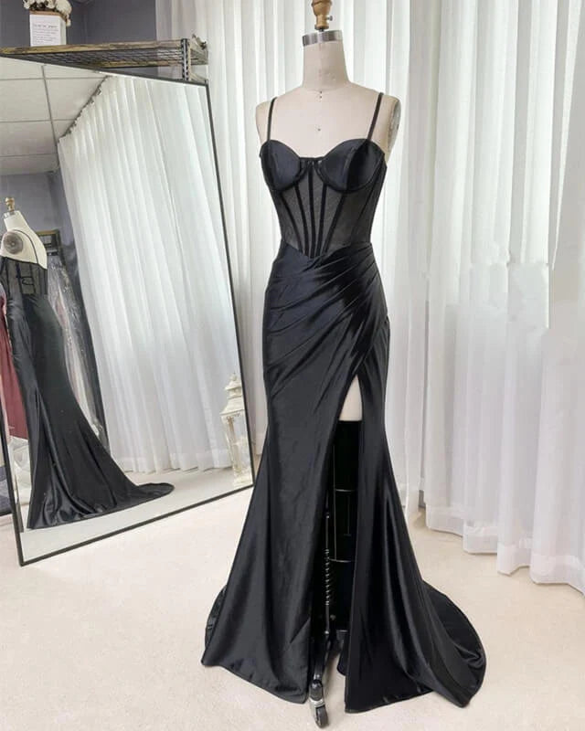 Can't Be Beat Mermaid Sweetheart Sheer Top Slit Satin Dress Corset Ruched Prom Dresses Can't Be Beat Mermaid Sweetheart Sheer Top Slit Satin Dress Corset Ruched Prom Dresses