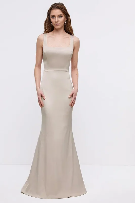 Amazing Deals Champagne Mermaid Square Neck Fishtail Stretch Satin Bridesmaids Maxi Dress Floor-length Wedding Guest Dresses